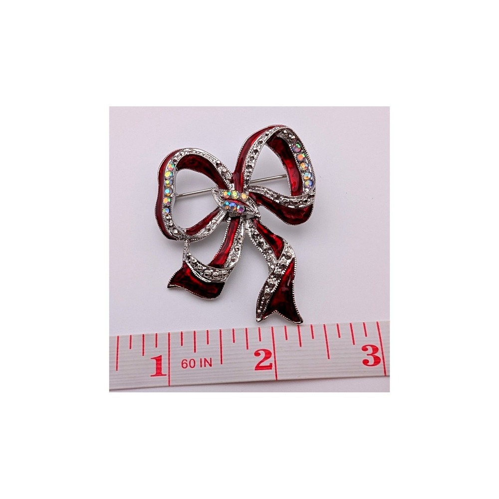 Red Enamel Bow Brooch Silver Tone Aurora Borealis Rhinestone Pin Vintage Style